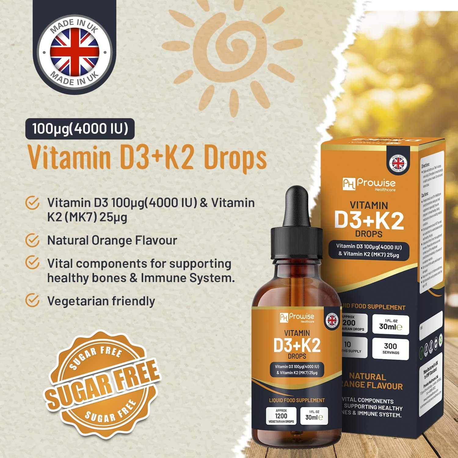 Vitamin D3 4000Iu + K2 MK7 25ฮg I Orange Liquid Drops I High Strength 4000Iu D3 + 25ฮg K2-30Ml Bottle I Fast Absorption I 1200 Vegetarian Drops - Made in UK by Prowise Healthcare